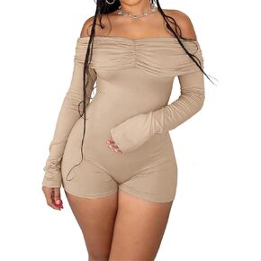 ECHOINE Women Sexy Off Shoulder Short Jumpsuit Ruched Bodycon Romper Long Sleeve One Piece Outfits