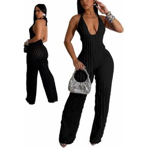 Sexy Summer Halter jumpsuits for women Dressy 2024 backless V Neck wide leg long pants one pieces jumpsuit Romper club outfit