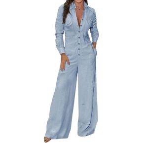 utcoco Women's 2024 Fall Long Sleeve Jumpsuits Casual Button Up Wide Leg Long Pants One Piece Jumpsuit with Pockets