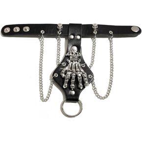 Punk Skeleton Hand PU Leather Finger Ring Harness Slave Bracelet for Men Women Skull Head Chain Tassel Wrist Bracelets Vintage Rock Gothic Halloween Party Jewelry Gifts