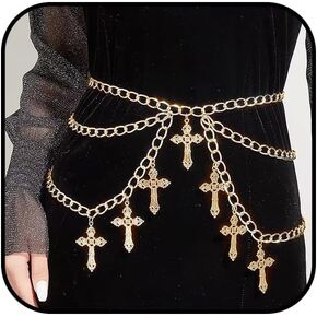Gold Cross Chain Belt for Women Adjustable Bohemian Layered Waist Chain Belt Punk Gothic Cross Belly Chain Summer Bikini belt Cross pendant body Jewelry