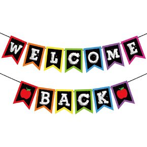 Whaline Welcome Back to School Banner Colorful Chalkboard Sign Rainbow Welcome Bulletin Board Decorations Bright Classroon Welcome Party Flag Hanging Swallowtail Banner for School Classroom