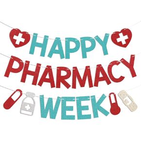 Happy Pharmacy Week Banner - Pharmacy Week Pharmacist Thank You Decor, Pharmacy Traditional Week Appreciation Bunting, Medical Pharmacy Decorations Red & Blue Glitter