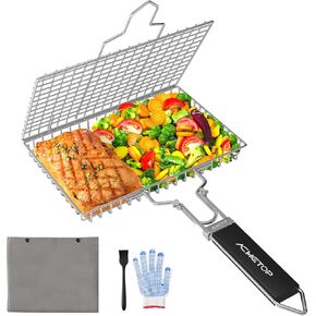 ACMETOP Portable BBQ Grill Basket Stainless Steel Fish Grill Basket with Removable Handle, Grill Accessories for Outdoor Grill Vegetables Fishes Shrimp -【Bonus Grill Mat, Sauce Brush & Carrying Pouch】
