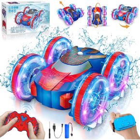 Remote Control Amphibious Car with LED Lights, 360° Rotation 4WD Waterproof, Gesture and Handle Remote, 1200mAh Battery, Ages 4-12