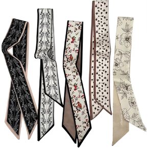 Hixixi 5PCS Floral Scarf for Bags Handbag Handle Ribbon Satin Neck Scarf Neckerchief Headbands Hair Scarf for Women Girls