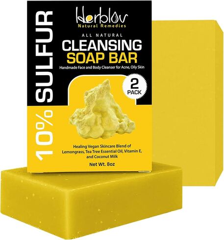 Herblov Cleansing 10% Sulfur Soap Bar for Face & Body – Natural Shine Control Facial Cleanser for Acne, Oily Skin – Made in USA Skincare Wash with Lemongrass, Tea Tree Oil, Vitamin E, Coconut Milk in Kuwait