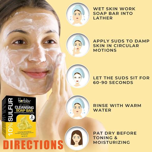 Herblov Cleansing 10% Sulfur Soap Bar for Face & Body – Natural Shine Control Facial Cleanser for Acne, Oily Skin – Made in USA Skincare Wash with Lemongrass, Tea Tree Oil, Vitamin E, Coconut Milk in Kuwait