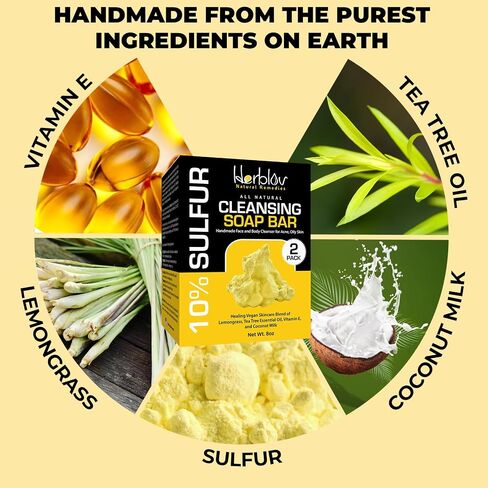 Herblov Cleansing 10% Sulfur Soap Bar for Face & Body – Natural Shine Control Facial Cleanser for Acne, Oily Skin – Made in USA Skincare Wash with Lemongrass, Tea Tree Oil, Vitamin E, Coconut Milk in Kuwait