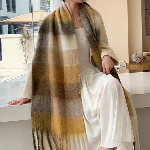 Winter Scarf Women Oversized Plaid Scarf Large Chunky Blanket Scarf Thick Warm Shawl Wraps with Tassels in Saudi Arabia