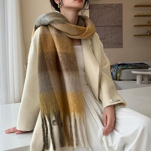 Winter Scarf Women Oversized Plaid Scarf Large Chunky Blanket Scarf Thick Warm Shawl Wraps with Tassels in Saudi Arabia
