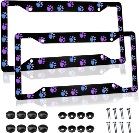Paw Print License Plate Frame Purple License Plate Frames Funny Auto Accessory Bracket Aluminum Metal License Plate Cover for Women Men (Set of 2, 12.3" x 6.3") in Kuwait