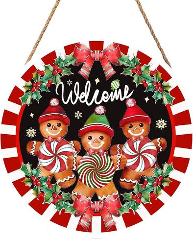 Anyako Christmas Gingerbread Man Welcome Door Sign For Front Door Decor,Red White Stripes Holly Berry Wooden Sign 12"x 12" Round Wood Hanging Door Sign Christmas Decoration for Wall Rusti Decor in Saudi Arabia
