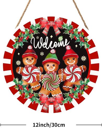 Anyako Christmas Gingerbread Man Welcome Door Sign For Front Door Decor,Red White Stripes Holly Berry Wooden Sign 12"x 12" Round Wood Hanging Door Sign Christmas Decoration for Wall Rusti Decor in Saudi Arabia