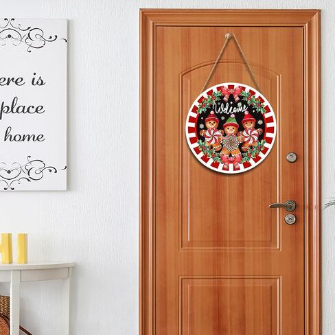 Anyako Christmas Gingerbread Man Welcome Door Sign For Front Door Decor,Red White Stripes Holly Berry Wooden Sign 12"x 12" Round Wood Hanging Door Sign Christmas Decoration for Wall Rusti Decor in Saudi Arabia
