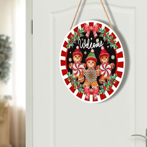 Anyako Christmas Gingerbread Man Welcome Door Sign For Front Door Decor,Red White Stripes Holly Berry Wooden Sign 12"x 12" Round Wood Hanging Door Sign Christmas Decoration for Wall Rusti Decor in Saudi Arabia
