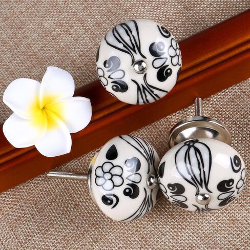 uxcell 6 Pieces Vintage Shabby Knobs Black and White Floral Hand Painted Ceramic Pumpkin Cupboard Wardrobe Cabinet Drawer Door Handles Pulls Knob, Black Tillandsia in Saudi Arabia