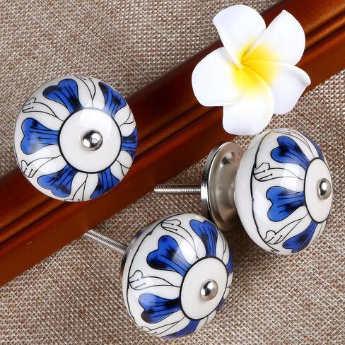 uxcell 6 Pieces Vintage Shabby Knobs Black and White Floral Hand Painted Ceramic Pumpkin Cupboard Wardrobe Cabinet Drawer Door Handles Pulls Knob, Black Tillandsia in Saudi Arabia