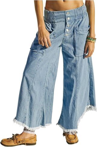 LifeShe Women's Baggy Wide Leg Jeans Elastic Waisted Cropped Denim Pants Loose Boyfriend Raw Hem Jeans in Kuwait