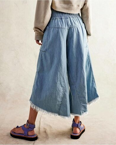 LifeShe Women's Baggy Wide Leg Jeans Elastic Waisted Cropped Denim Pants Loose Boyfriend Raw Hem Jeans in Kuwait