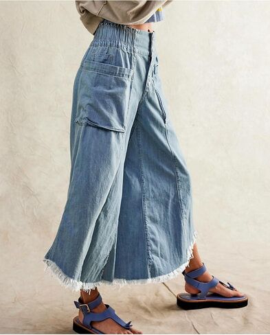 LifeShe Women's Baggy Wide Leg Jeans Elastic Waisted Cropped Denim Pants Loose Boyfriend Raw Hem Jeans in Kuwait