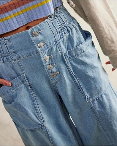 LifeShe Women's Baggy Wide Leg Jeans Elastic Waisted Cropped Denim Pants Loose Boyfriend Raw Hem Jeans in Kuwait