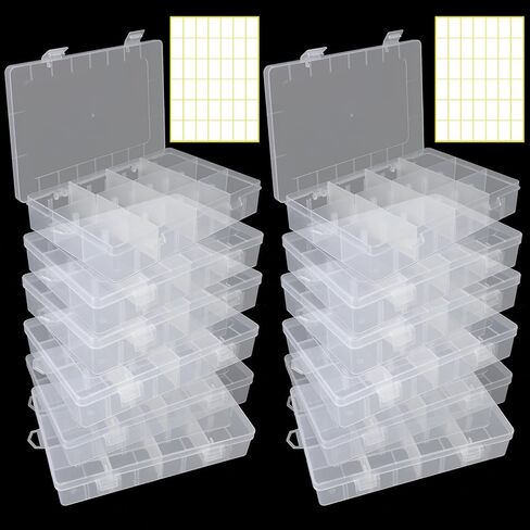 APACALI 12 حزمة من 12 شبكة صندوق تنظيم بلاستيكي مع فواصل، 18 حجرة (+ ملصقات)، منظمات صندوق معالجة وتخزين الحرف اليدوية، منظم أجزاء صغيرة شفافة، صندوق منظم لصيد الأسماك للخرز الفني الذي تصنعه بنفسك in Kuwait