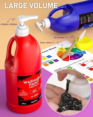 Nicpro 6 Colors Large Washable Paint Set (69 oz, 2040ml), Acrylic Bulk Paint Supplies Non Toxic Children Tempera Paint for Art, Craft DIY, Poster & Finger Paint, School, Home,Classroom in Saudi Arabia