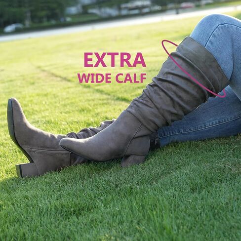 Women's Extra Wide Calf Dress Boots Slouchy Suede Boots with Block Heel in Saudi Arabia