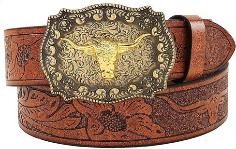 حزام نسائي من الجلد الغربي العتيق، حزام راعية البقر الريفي للنساء والرجال منقوش بحزام بإبزيم الثور طويل القرن مناسب للخصر 25 بوصة - 30 بوصة in Kuwait