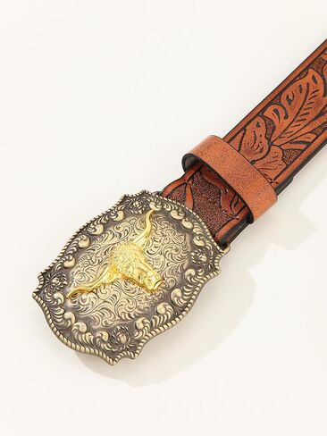 حزام نسائي من الجلد الغربي العتيق، حزام راعية البقر الريفي للنساء والرجال منقوش بحزام بإبزيم الثور طويل القرن مناسب للخصر 25 بوصة - 30 بوصة in Kuwait