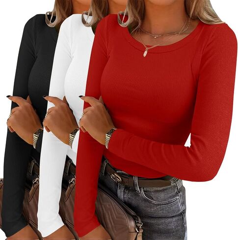 قمصان نسائية طويلة الأكمام مضلع متماسكة Crewneck تي شيرت سليم صالح عادية الخريف الأساسية القمم S-XXL in Kuwait