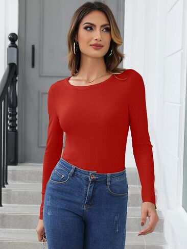 قمصان نسائية طويلة الأكمام مضلع متماسكة Crewneck تي شيرت سليم صالح عادية الخريف الأساسية القمم S-XXL in Kuwait