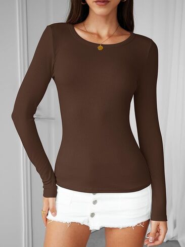 قمصان نسائية طويلة الأكمام مضلع متماسكة Crewneck تي شيرت سليم صالح عادية الخريف الأساسية القمم S-XXL in Kuwait