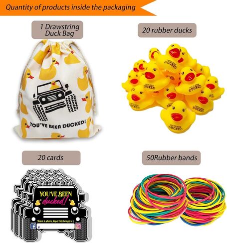 LANBAIHE You've been Ducked، مجموعة بطة البط، مجموعة 91 قطعة، 20 بطاقة بطة، 20 بطة مطاطية صفراء، 50 شريطًا مطاطيًا، 1 حقيبة بطة برباط، هدية لأي متحمس للبط (بطة مطاطية صفراء 02) in Kuwait