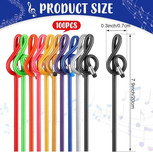 100 Pack Music Pencils Colorful Musical Notes Pens Teachers Day Treble G Clef Bent Pencil with Eraser Choir Gifts for Piano Teachers Students Home Office School Supply in Saudi Arabia