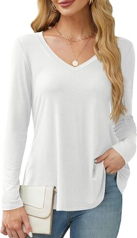 قمصان Amoretu بأكمام طويلة للنساء ورقبة على شكل حرف V وقمصان فضفاضة مناسبة كاجوال in Kuwait