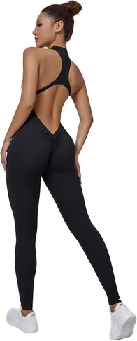 Womens Sleeveless Backless Front Zip One Piece Yoga Jumpsuit Gym Bodysuit Workout Scrunch Butt Rompers in Saudi Arabia