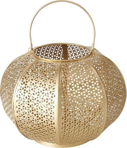 Chubby Belly Candle Lantern, Moroccan, Metal, Daisy Lattice Work, Hurricane for Votives and Tea Lights, Gold, 9 D x 7 H Inches in Saudi Arabia