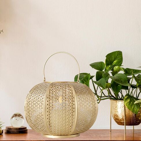 Chubby Belly Candle Lantern, Moroccan, Metal, Daisy Lattice Work, Hurricane for Votives and Tea Lights, Gold, 9 D x 7 H Inches in Saudi Arabia