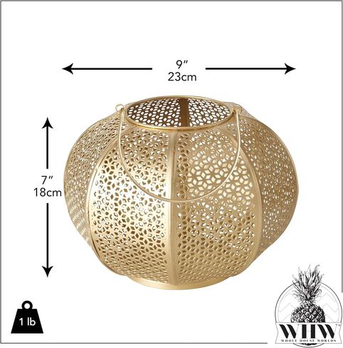 Chubby Belly Candle Lantern, Moroccan, Metal, Daisy Lattice Work, Hurricane for Votives and Tea Lights, Gold, 9 D x 7 H Inches in Saudi Arabia