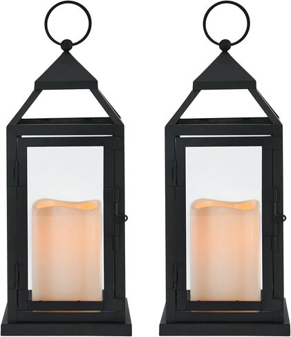 Elements Traditional Lantern with LED Pillar Candle Decorative Wedding Indoor Outdoor Events Parties Home Décor, Set of 2, 12-Inch, Black in Kuwait