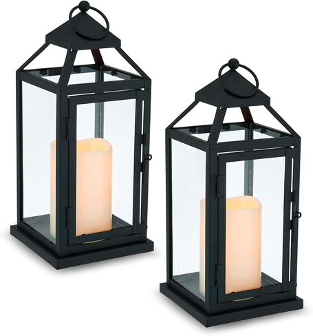 Elements Traditional Lantern with LED Pillar Candle Decorative Wedding Indoor Outdoor Events Parties Home Décor, Set of 2, 12-Inch, Black in Kuwait
