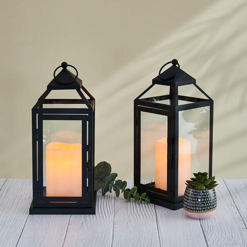 Elements Traditional Lantern with LED Pillar Candle Decorative Wedding Indoor Outdoor Events Parties Home Décor, Set of 2, 12-Inch, Black in Kuwait