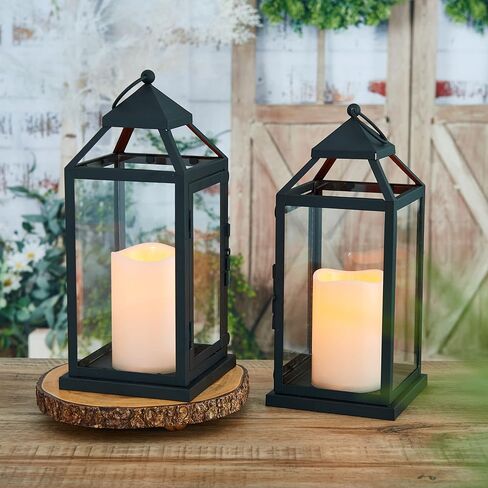Elements Traditional Lantern with LED Pillar Candle Decorative Wedding Indoor Outdoor Events Parties Home Décor, Set of 2, 12-Inch, Black in Kuwait