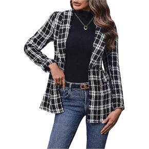 MakeMeChic Women's Plaid Long Sleeve Blazer Jacket Double Breasted Open Front Casual Business Jackets Outwear