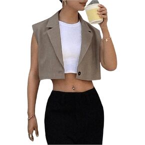 GORGLITTER Women's Sleeveless Cropped Blazer Vest Casual Lapel Neck Open Front Button Work Office Vest Tops