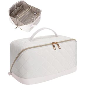 Wandering Nature Travel Makeup Bag,Travel Make up Bag with Large Capacity,Quilted Makeup Organizer Bag, Open Flat Travel Toiletry Bag for Women Cosmetic Bag with Divider and Handle,Patent Pending