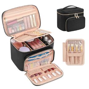 Large Makeup Bag, Travel Makeup Bag for Women Girls, Cosmetic Bag with Detachable Dividers & Multi Pockets, Portable Makeup Organizer Bag Waterproof Travel Make Up Case for Cosmetics Vertical Storage