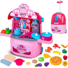 Awsoo Play Kitchen Set for Toddlers 3-5, Portable Play Kitchen with with Rolling Suitcase to Storage Plenty Toys Food, Interactive Pretend Play Toy Kitchen for Kids 3 4 5 6